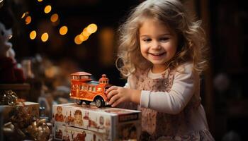 ai generado sonriente niño jugando con juguete, felicidad y divertido generado por ai foto