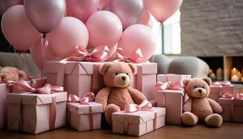 AI generated Joyful birthday celebration with cute teddy bear gift generated by AI photo