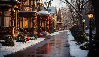 AI generated Winter night, snowing outdoors, illuminated Christmas tree generated by AI photo