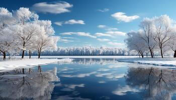 AI generated Winter landscape  snow covered tree reflects in frozen pond generated by AI photo