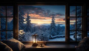 AI generated Winter window frames snow covered mountain landscape generated by AI photo