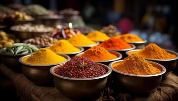 AI generated Spice store selling vibrant colored Indian curry powder generated by AI photo