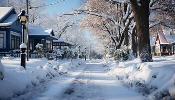 AI generated Winter landscape, snowy forest, frozen tree branch generated by AI photo