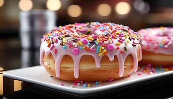 AI generated Homemade donut with colorful icing, a sweet delight generated by AI photo