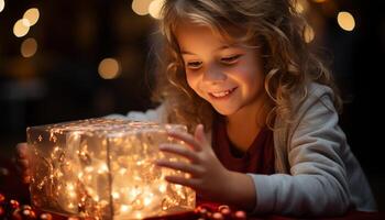 AI generated Smiling girl holds Christmas gift, surrounded by decorations generated by AI photo