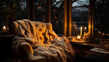 AI generated Cozy winter night, candle flame illuminates tranquil room generated by AI photo