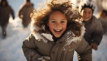 AI generated Smiling child in winter, outdoors, enjoying playful fun generated by AI photo