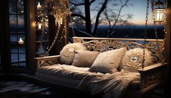 AI generated Cozy winter bedroom with illuminated wood decor generated by AI photo