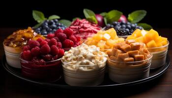 AI generated Freshness and variety of berry fruit on plate generated by AI photo