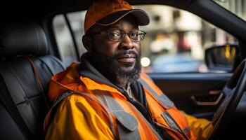 ai generado confidente africano americano hombre conducción auto, mirando a cámara generado por ai foto