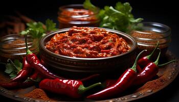 AI generated Freshness and heat in a spicy chili pepper generated by AI photo