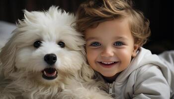 AI generated Cute child smiling with dog, pure happiness generated by AI photo