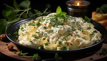 AI generated Freshness and gourmet pasta, healthy homemade vegetarian meal generated by AI photo