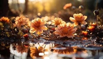 AI generated Close up of a yellow flower in a pond generated by AI photo