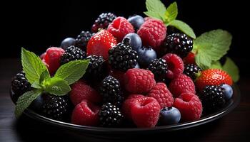 AI generated Freshness of nature gourmet berries on wooden table generated by AI photo