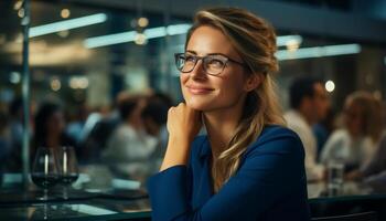AI generated Smiling businesswoman sitting at office table, looking confident generated by AI photo