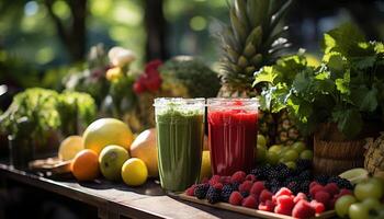 AI generated Freshness of summer berries on a wooden table generated by AI photo