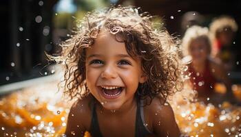 AI generated Smiling child enjoying wet summer fun outdoors generated by AI photo