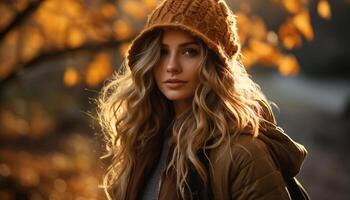 AI generated Young woman in autumn, smiling, looking at camera generated by AI photo