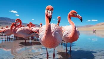 AI generated Group of pink flamingos standing in a salt flat generated by AI photo