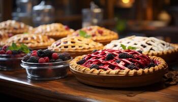 AI generated Fresh berry dessert on wooden table, homemade and delicious generated by AI photo