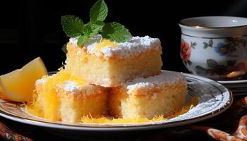 ai generado Fresco Fruta postre en un de madera plato generado por ai foto