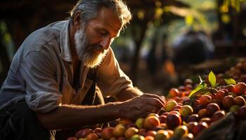 AI generated Senior man harvesting fresh organic vegetables outdoors generated by AI photo