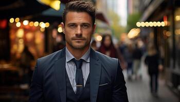 AI generated Confident businessman in suit, smiling, looking at camera generated by AI photo