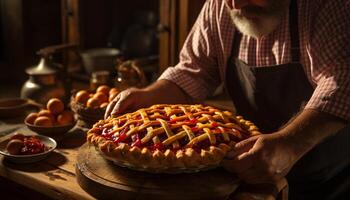 ai generado uno hombre horneando dulce tarta en hecho en casa cocina generado por ai foto