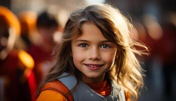 ai generado sonriente niña disfrutando naturaleza, despreocupado y juguetón generado por ai foto