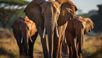 AI generated African elephant walking in the wilderness, looking at camera generated by AI photo