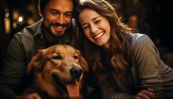 ai generado sonriente Pareja abraza amar, felicidad, y unión generado por ai foto