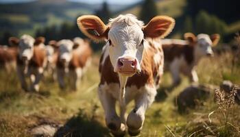 AI generated Cows grazing on green meadow under summer sun generated by AI photo