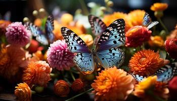 AI generated Multi colored butterfly on flower, vibrant nature gift generated by AI photo