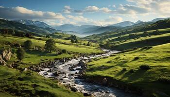 AI generated Majestic mountain range, green meadow, tranquil outdoors generated by AI photo