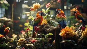 AI generated Colorful macaw perched on branch in tropical rainforest generated by AI photo