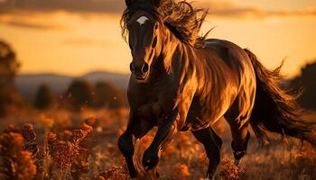 AI generated Running stallion in the meadow, bathed in sunlight generated by AI photo