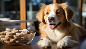 ai generado linda perrito sentado en mesa, mirando a comida generado por ai foto