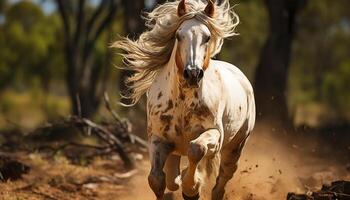 AI generated Running horse in meadow, freedom in nature generated by AI photo