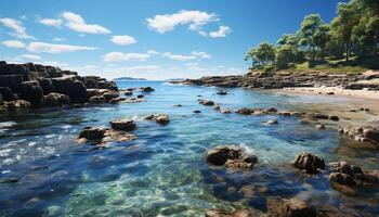 ai generado idílico línea costera con azul olas estrellarse en rocas generado por ai foto