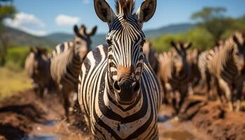 AI generated Zebra herd in African savannah, nature beauty generated by AI photo