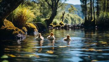 AI generated Duck family swimming in tranquil pond, surrounded by nature generated by AI photo