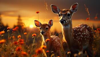 AI generated Young deer grazing in meadow at sunset generated by AI photo