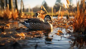 AI generated Duckling in pond, surrounded by nature beauty generated by AI photo