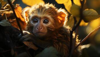 AI generated Cute monkey sitting on branch in tropical forest generated by AI photo