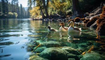 AI generated Duck family swimming in tranquil pond, surrounded by nature generated by AI photo