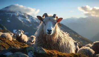 ai generado linda cabra pasto en Nevado montaña prado generado por ai foto