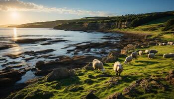 AI generated Tranquil sunset over green meadow, grazing cattle generated by AI photo