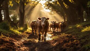 ai generado vacas pasto en el prado debajo el Dom generado por ai foto