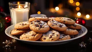 ai generado hecho en casa chocolate chip galletas en rústico de madera mesa generado por ai foto